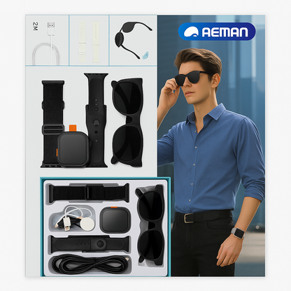 RM43 Smart Combo Set – Smartwatch + Sunglasses + Accessories (6-in-1 Kit)